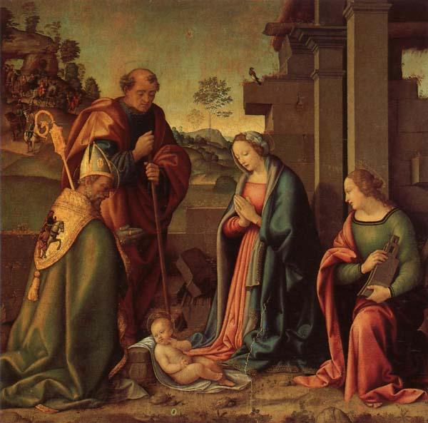 Raffaello Botticini Adoration of the Christ Child with St.Barbara and St.Martin Norge oil painting art